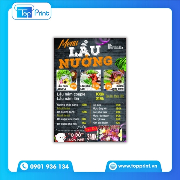 In menu b&igrave;a da cho qu&aacute;n nướng cao cấp