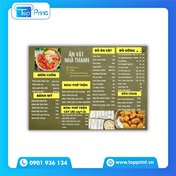 Thiết Kế Menu Ăn Vặt C&oacute; H&igrave;nh Ảnh M&oacute;n In Sống Động