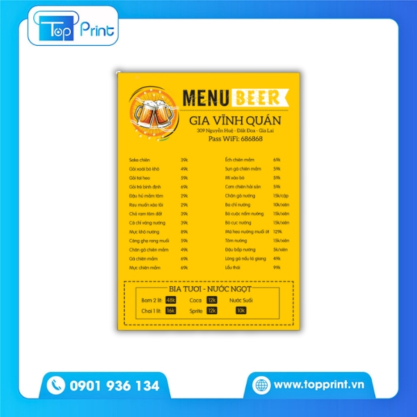 Mẫu menu qu&aacute;n bia hơi in giấy kraft