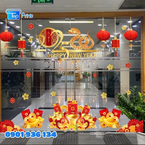 Mẫu Decal Dán Kính Tết 2026 Cành Mai Cành Đào