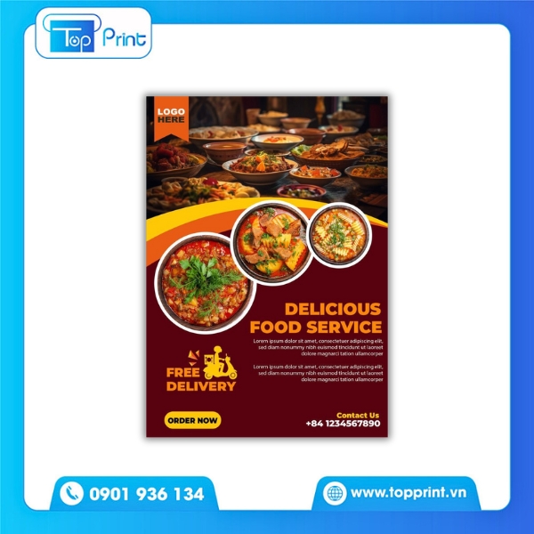 Mẫu tờ rơi nh&agrave; h&agrave;ng với h&igrave;nh ảnh m&oacute;n ăn nổi bật