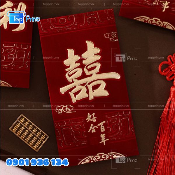 Mẫu Bao L&igrave; X&igrave; Giấy Nhung In Chữ Thư Ph&aacute;p Ng&agrave;y Xu&acirc;n