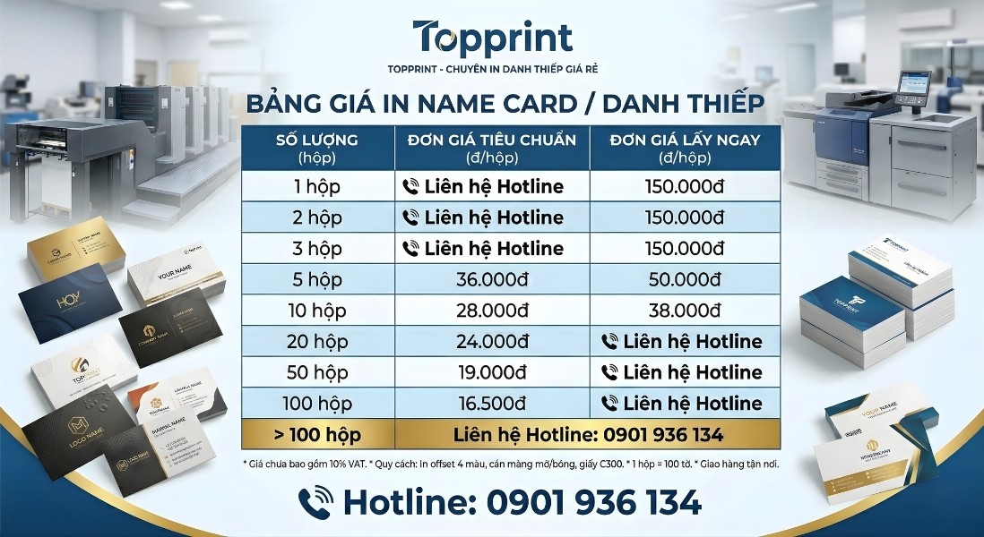 Độ sắc nét, độ bền màu và sự chuyên nghiệp của một tấm danh thiếp phụ thuộc rất lớn vào công nghệ in ấn. Để đáp ứng linh hoạt mọi nhu cầu từ khách hàng, Topprint đã trang bị hệ thống máy móc hiện đại với 2 công nghệ in chủ lực: Công nghệ In Kỹ Thuật Số (Giải pháp in nhanh lấy liền): Sử dụng hệ thống máy in Laser kỹ thuật số tiên tiến, công nghệ này cho phép in trực tiếp từ file thiết kế với tốc độ chớp nhoáng. Đây là "cứu cánh" hoàn hảo cho các đơn hàng cần in name card số lượng ít (1-5 hộp) hoặc cần lấy gấp trong ngày để kịp đi công tác, dự sự kiện. Dù in nhanh, chất lượng bản in vẫn vô cùng sắc nét, màu sắc rực rỡ. Công nghệ In Offset (Chuyên in số lượng lớn, giá siêu rẻ): Được mệnh danh là "tiêu chuẩn vàng" trong ngành in thương mại. Máy in offset công nghiệp mang lại chất lượng bản in hoàn hảo, màu sắc chuẩn hệ CMYK, mực in bám chặt, không lem mờ và độ đồng đều trên 100% ấn phẩm. Ưu điểm tuyệt đối của in offset là siêu tiết kiệm chi phí khi bạn in số lượng lớn (từ 10 hộp trở lên). In càng nhiều, đơn giá trên mỗi hộp sẽ càng rẻ chạm đáy.